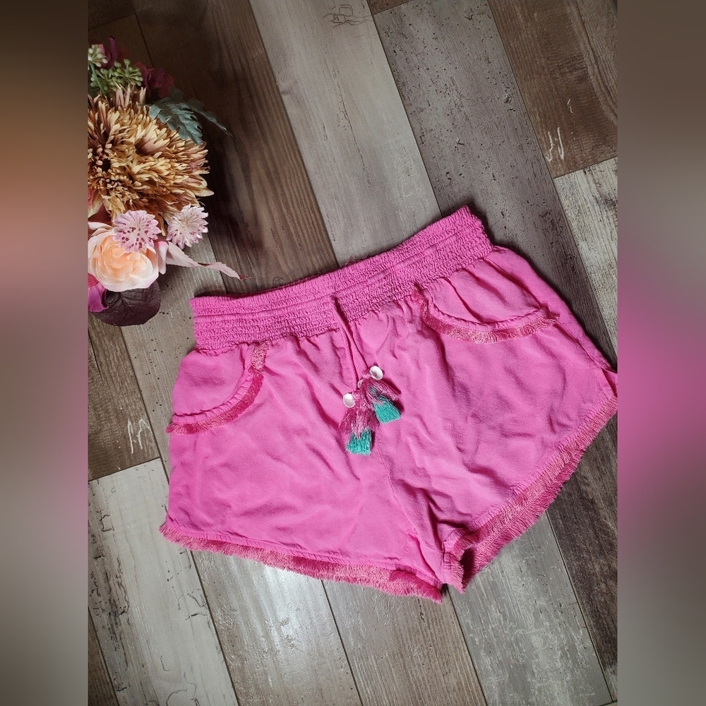 Japna Sleepwear Pink Seashell Fringe Shorts 100% Rayon Women's Size Medium NWOT